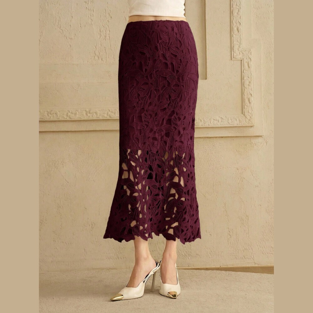 Plum Purple Lace Cutout Mermaid Maxi Skirt